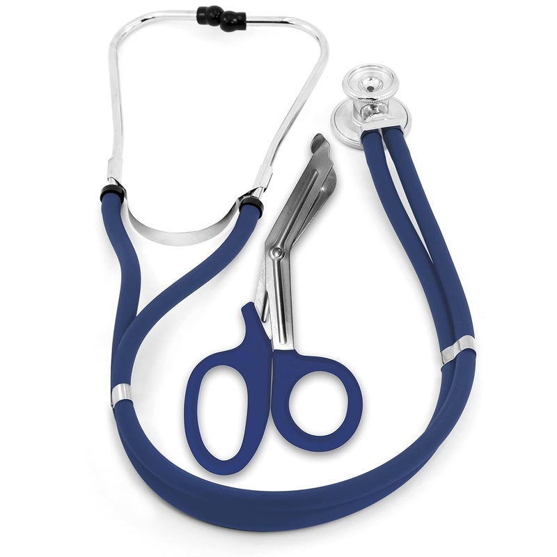 ASA Techmed ستيثوسكوب سبراجي مزدوج الأنبوب للبالغين والأطفال + مقص EMT متطابق، مثالي لموظفي الطوارئ، الممرضين، الأطباء، طلاب الطب، المسعفين، والمستجيبين الأوائل (أزرق بحري) - Image 1